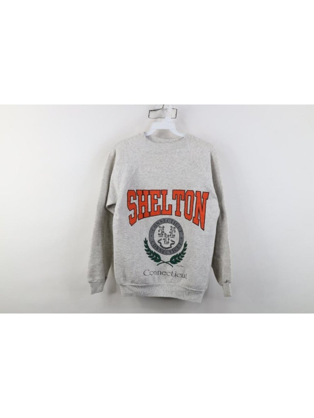 Vintage 90s Womens Small Spell Out Shelton Connecticut Crewneck Sweatshirt Gray